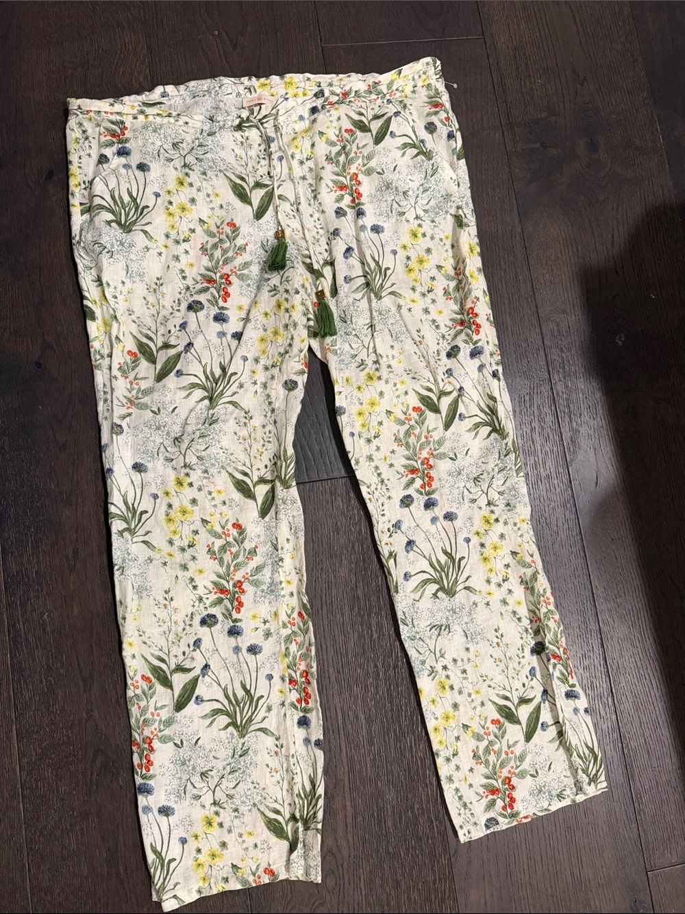 Tory Burch Ivory Botanical Print Drawstring Pants with Green Tassels